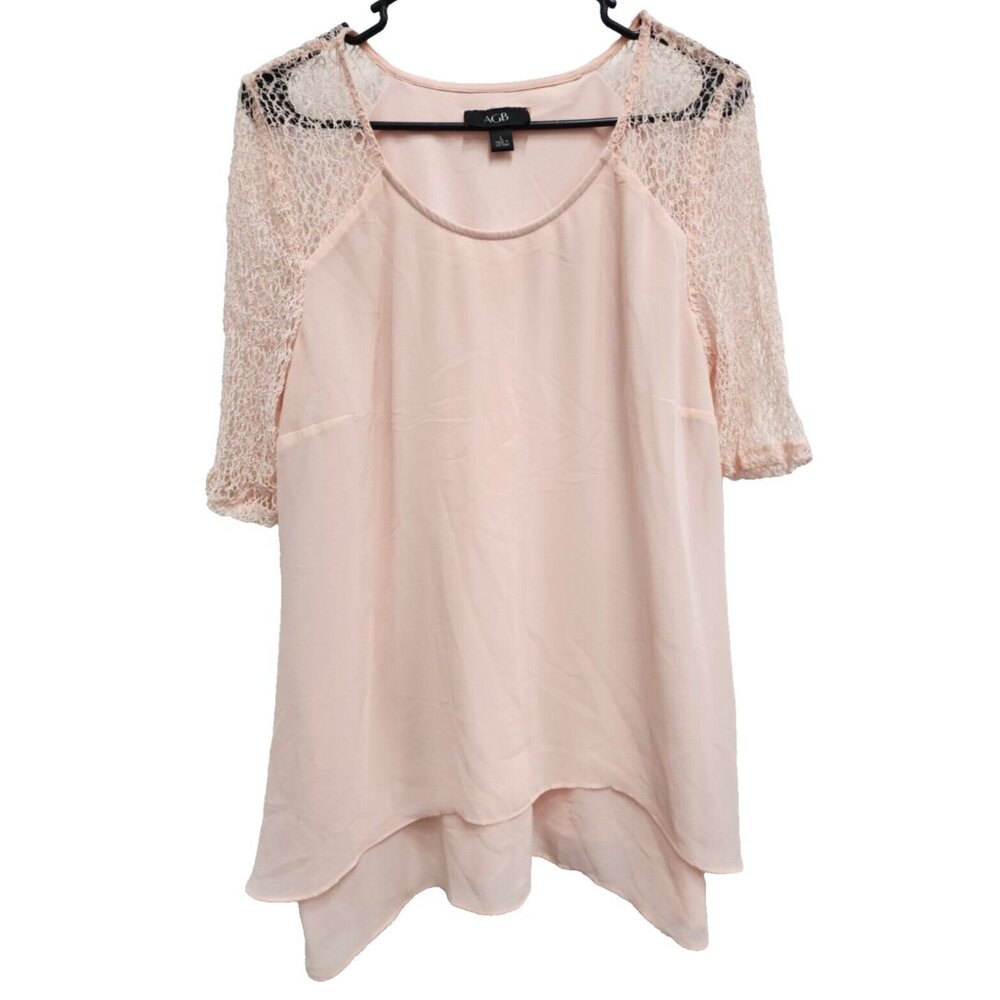 AGB Womens Fairy Romantic Tunic Top Large Pink Chiffon Lace Sleeve Sharkbite Hem